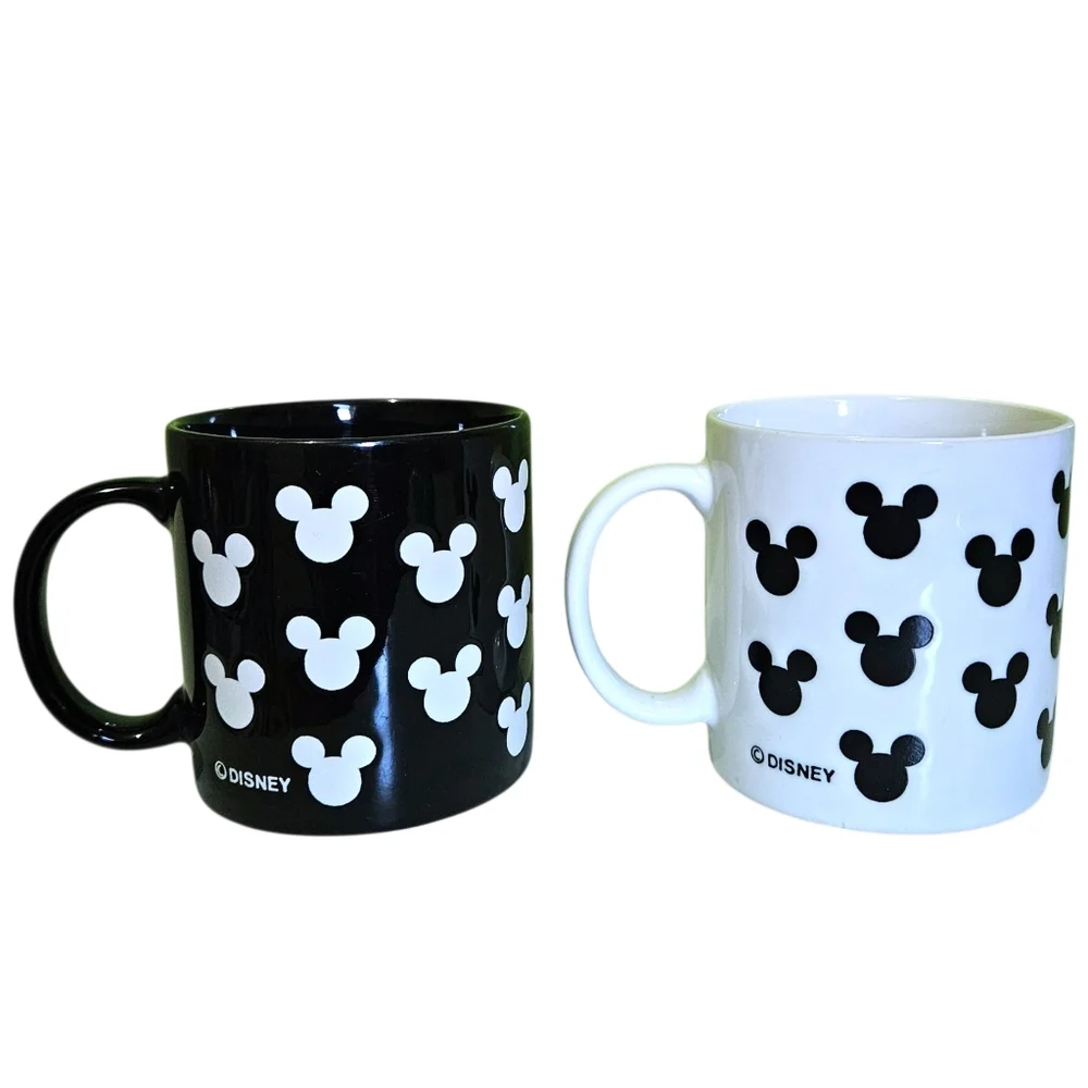 Disney Mickey Mouse Logo Coffee Mugs Set of 2 Cups Black & White 8 oz Disneyana